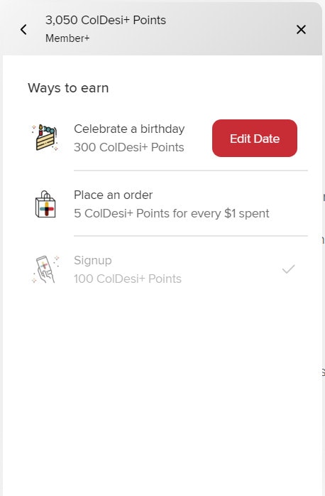 Coldesi+ Rewards Widget Screenshot showing ways to earn