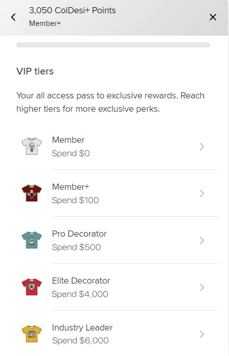 Coldesi+ Rewards Widget Screenshot showing VIP tiers