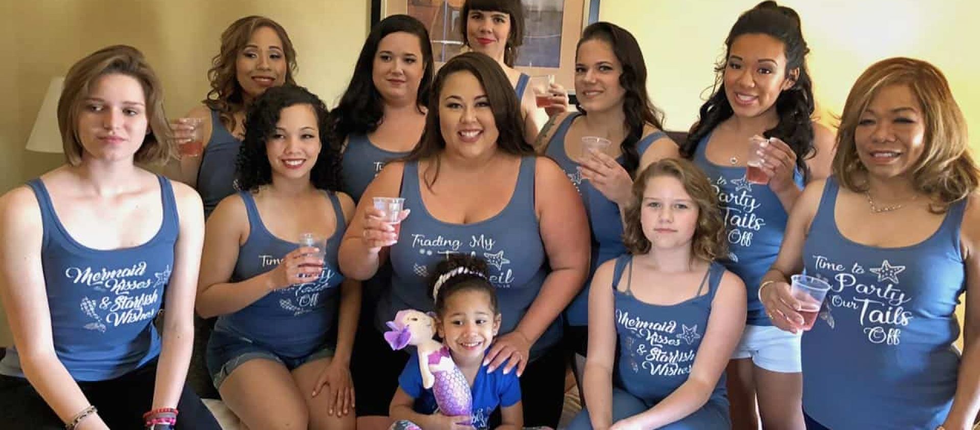 image of bridesmaid shirts blue and white