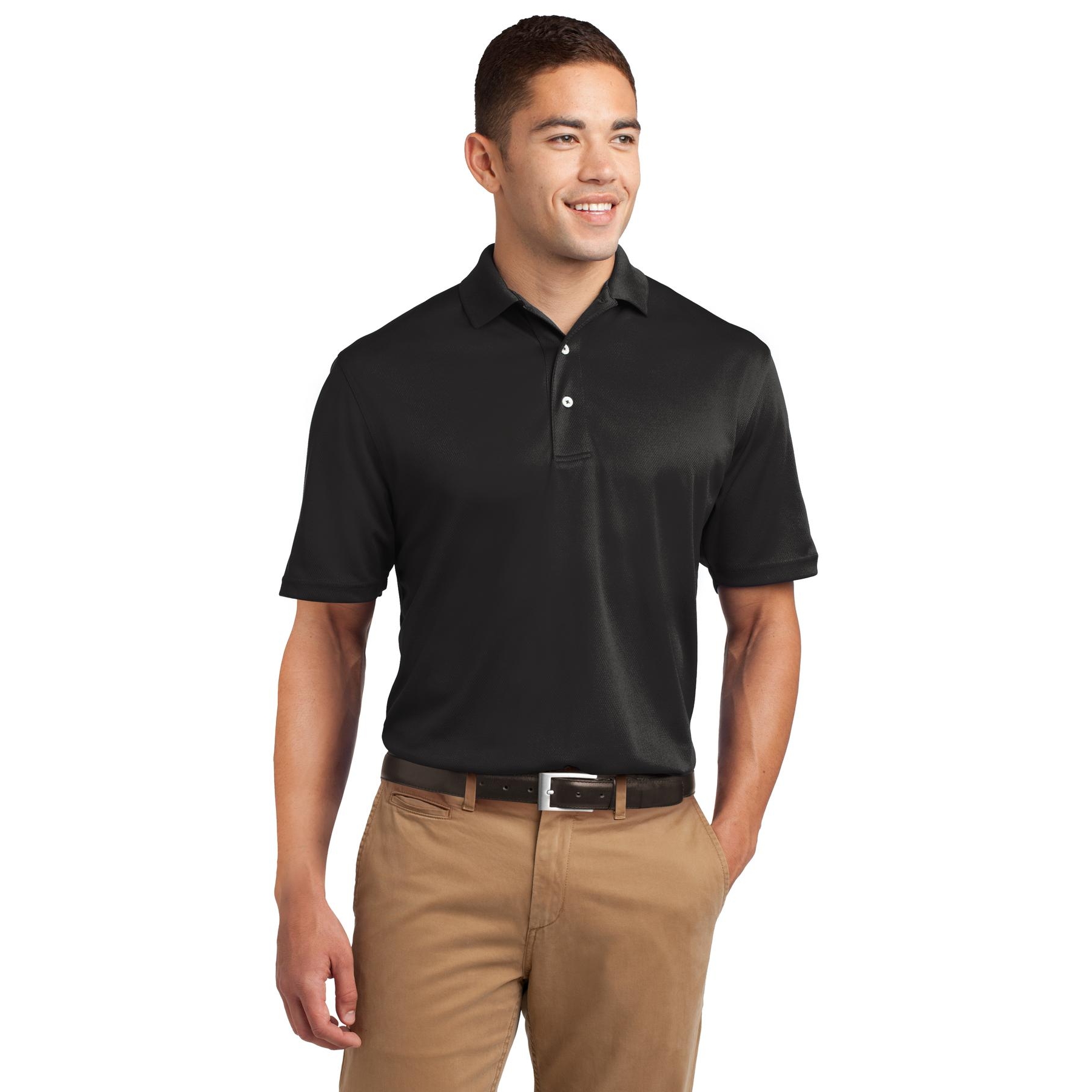 khaki pants with black polo